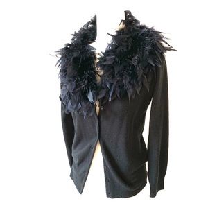 Feather Collar Black Cardigan